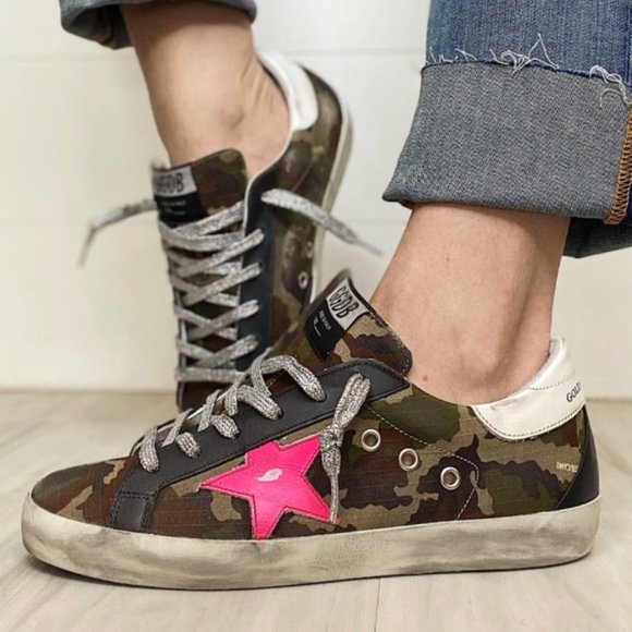 Golden Goose Shoes - Golden Goose Green + Pink Camo Superstar Sneakers